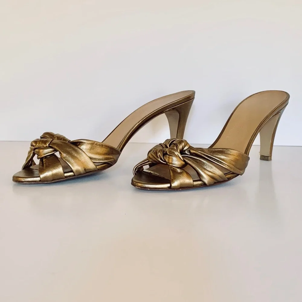 Salvatore Ferragamo Metallic Gold Knot Mule Heels